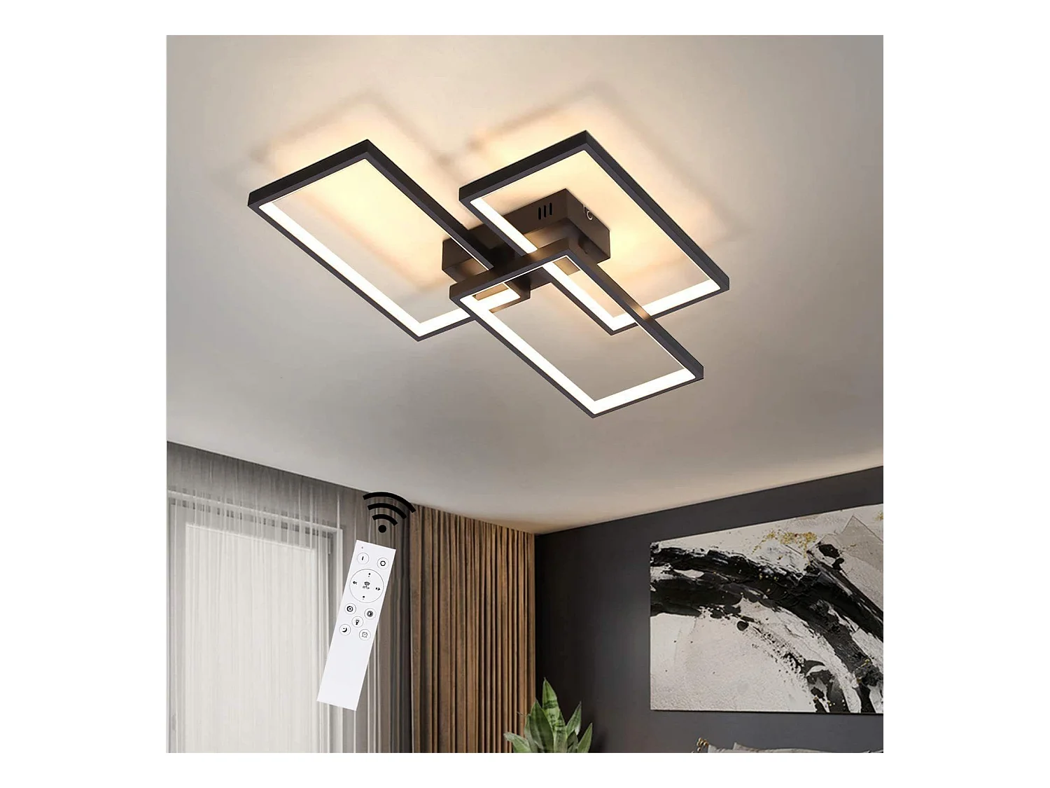 NETTLIFE Plafonnier LED 63W dimmable avec télécommande design moderne en métal noir pour chambre à coucher salle à manger salon bureau