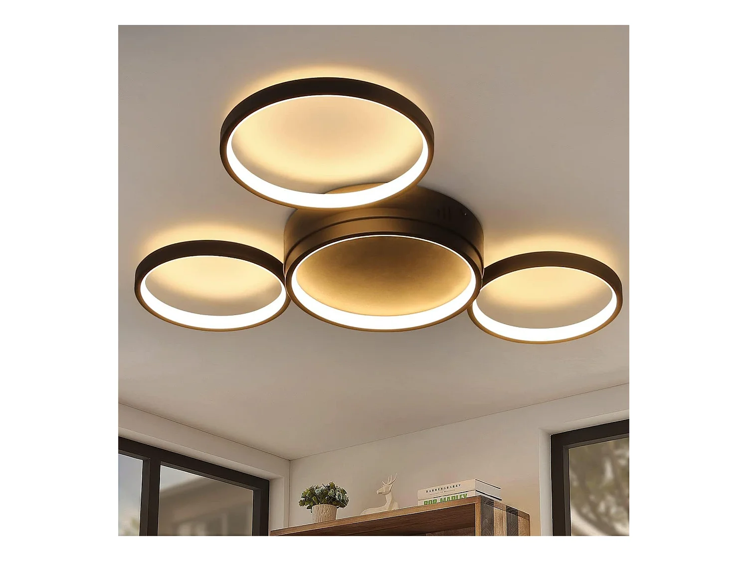 NETTLIFE Plafondlamp LED Zwart Ringe Design 4-Lichts Metaal 3000K Warm wit Licht Moderne Plafondverlichting 29W voor Woonkamer | Slaapkamer | Eetkamer