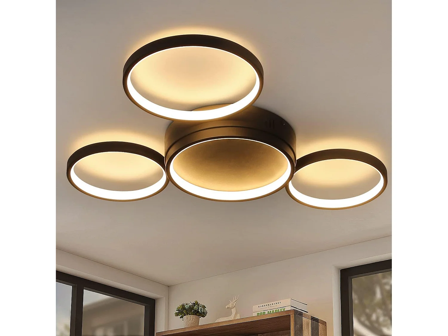 NETTLIFE Plafondlamp LED Zwart Ringe Design 4-Lichts Metaal 3000K Warm wit Licht Moderne Plafondverlichting 29W voor Woonkamer | Slaapkamer | Eetkamer