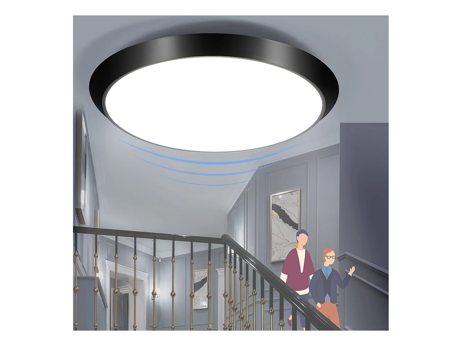 NETTLIFE Plafonnier LED avec détecteur de mouvement intérieur noir IP44 15 W Lampe de cave ronde avec détecteur de mouvement Ø 30 cm 4000 K