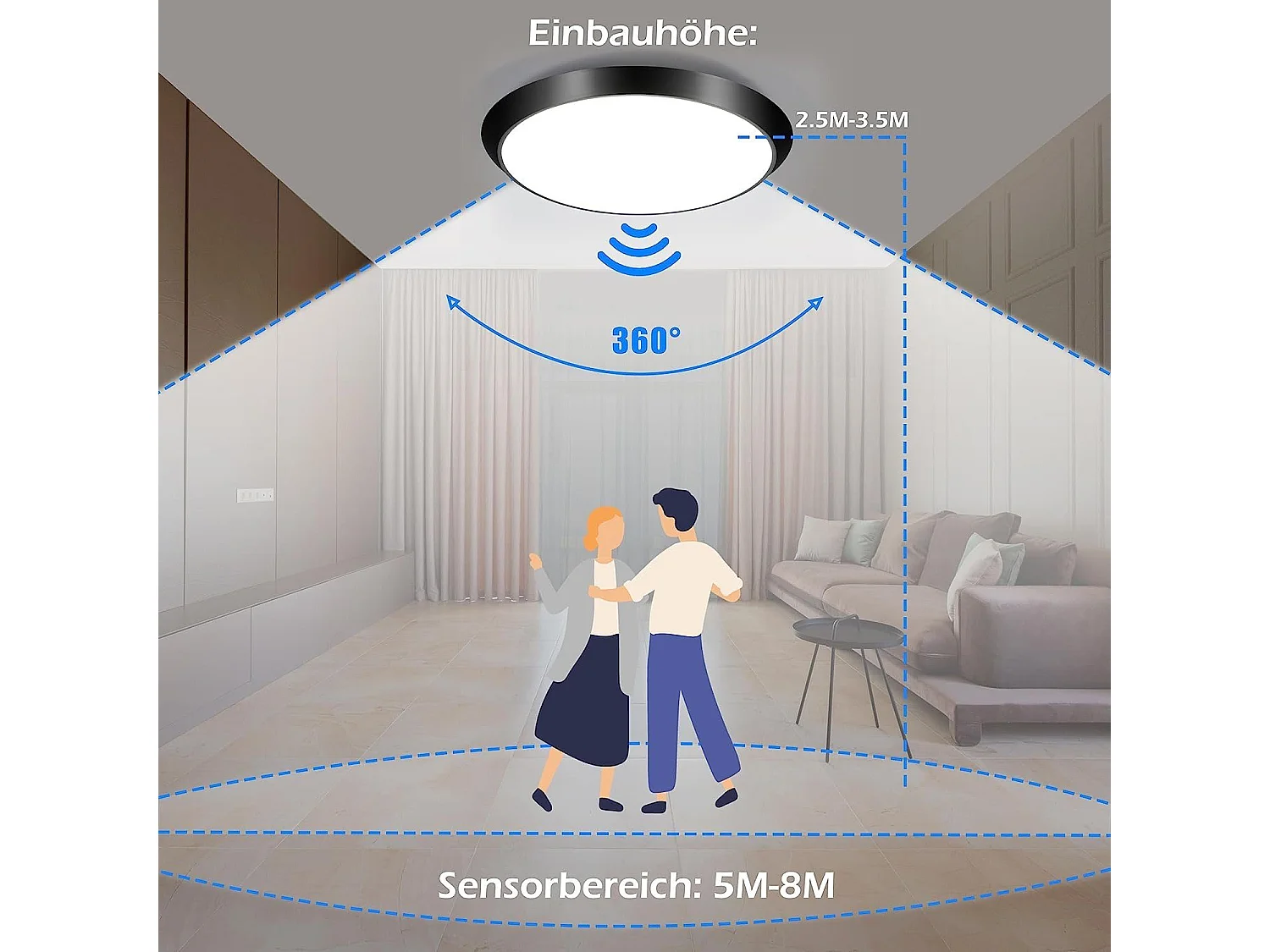 NETTLIFE Plafonnier LED avec détecteur de mouvement intérieur noir IP44 15 W Lampe de cave ronde avec détecteur de mouvement Ø 30 cm 4000 K