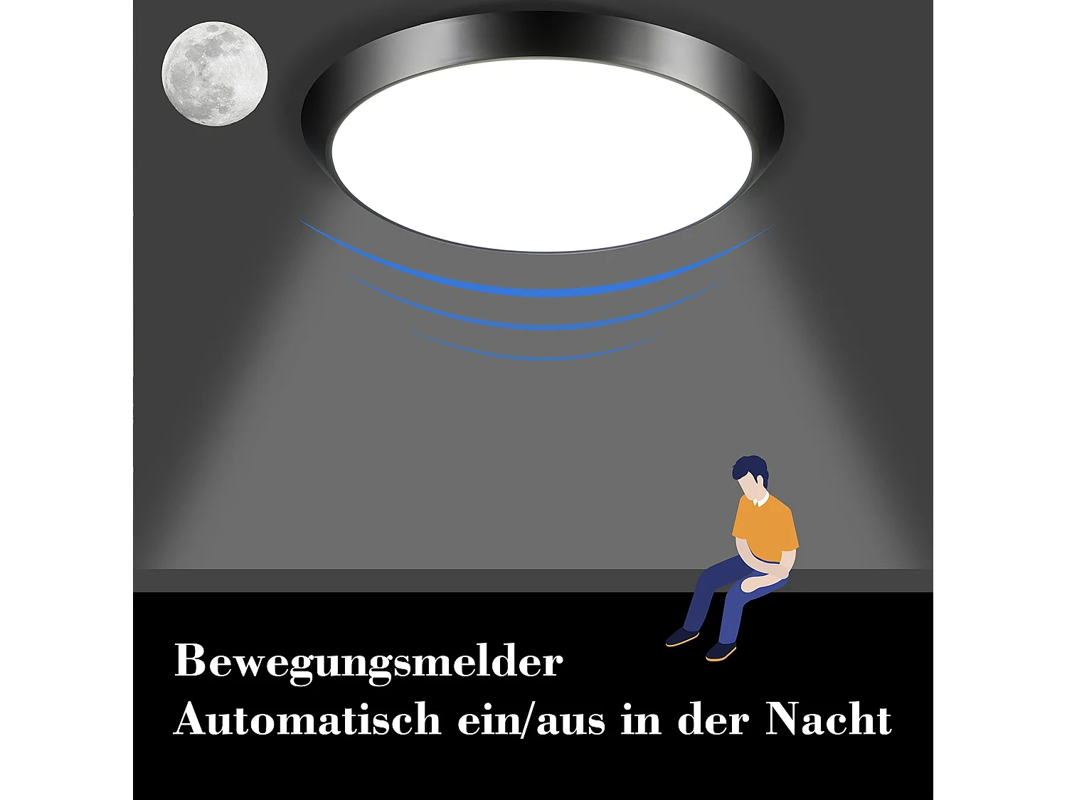 NETTLIFE Plafonnier LED avec détecteur de mouvement intérieur noir IP44 15 W Lampe de cave ronde avec détecteur de mouvement Ø 30 cm 4000 K