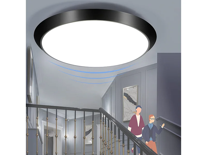 NETTLIFE Plafonnier LED avec détecteur de mouvement intérieur noir IP44 15 W Lampe de cave ronde avec détecteur de mouvement Ø 30 cm 4000 K