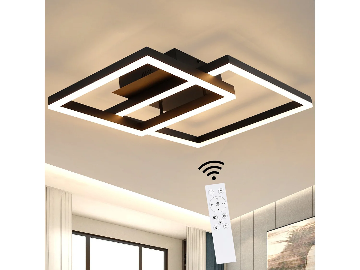 NETTLIFE LED Deckenleuchte Wohnzimmerlampe Schwarz Schlafzimmerlampe 50W Modern Dimmbar mit Fernbedienung Geometrisch für Küche Flur Esszimmer