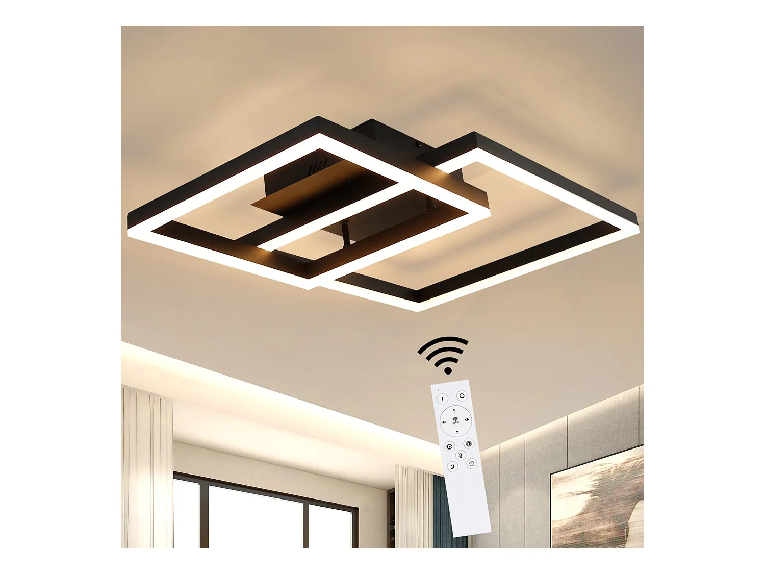 NETTLIFE Plafondlamp LED - Zwart - Vierkant - 2-Lichts - Dimbaar - 50W - Moderne Plafondverlichting- met Afstandsbediening - voor Slaapkamer | Keuken | Woonkamer
