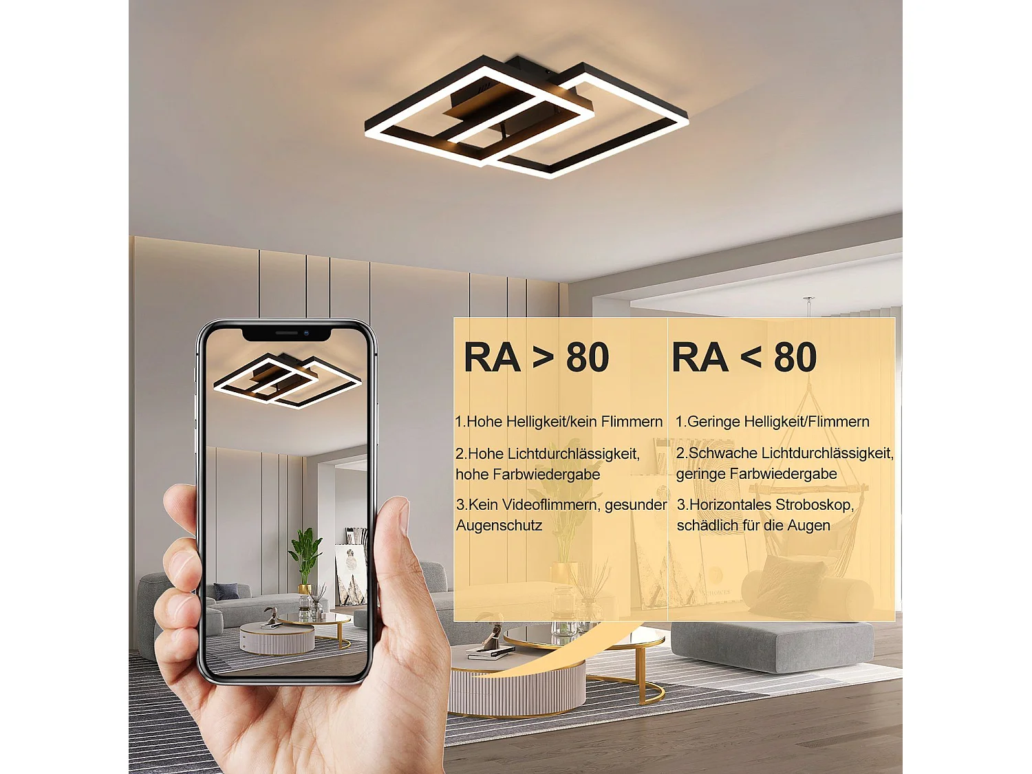 NETTLIFE Plafondlamp LED - Zwart - Vierkant - 2-Lichts - Dimbaar - 50W - Moderne Plafondverlichting- met Afstandsbediening - voor Slaapkamer | Keuken | Woonkamer