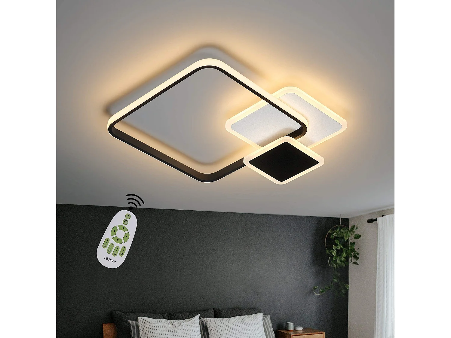 NETTLIFE Plafondlamp LED Zwart vierkant 3-Lichts Metaal 46W Dimbaar met Afstandsbediening Moderne Plafondverlichting voor Woonkamer | Slaapkamer | Studeerkamer 45cm