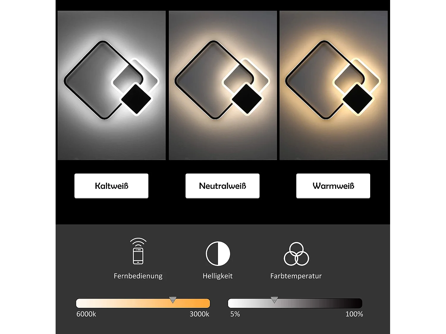 NETTLIFE Plafonnier LED 45*41cm, 46W, 3000K-6000K Lampe à intensité variable Noir avec de Design  pour chambre bureau cuisine