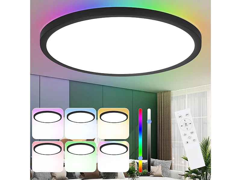 NETTLIFE LED-Deckenleuchte, schwarz, rund, 36 W, RGB, flach, dimmbar, mit Fernbedienung, IP44, Farbwechsellampe für Wohnzimmer, Schlafzimmer, Badezimmer