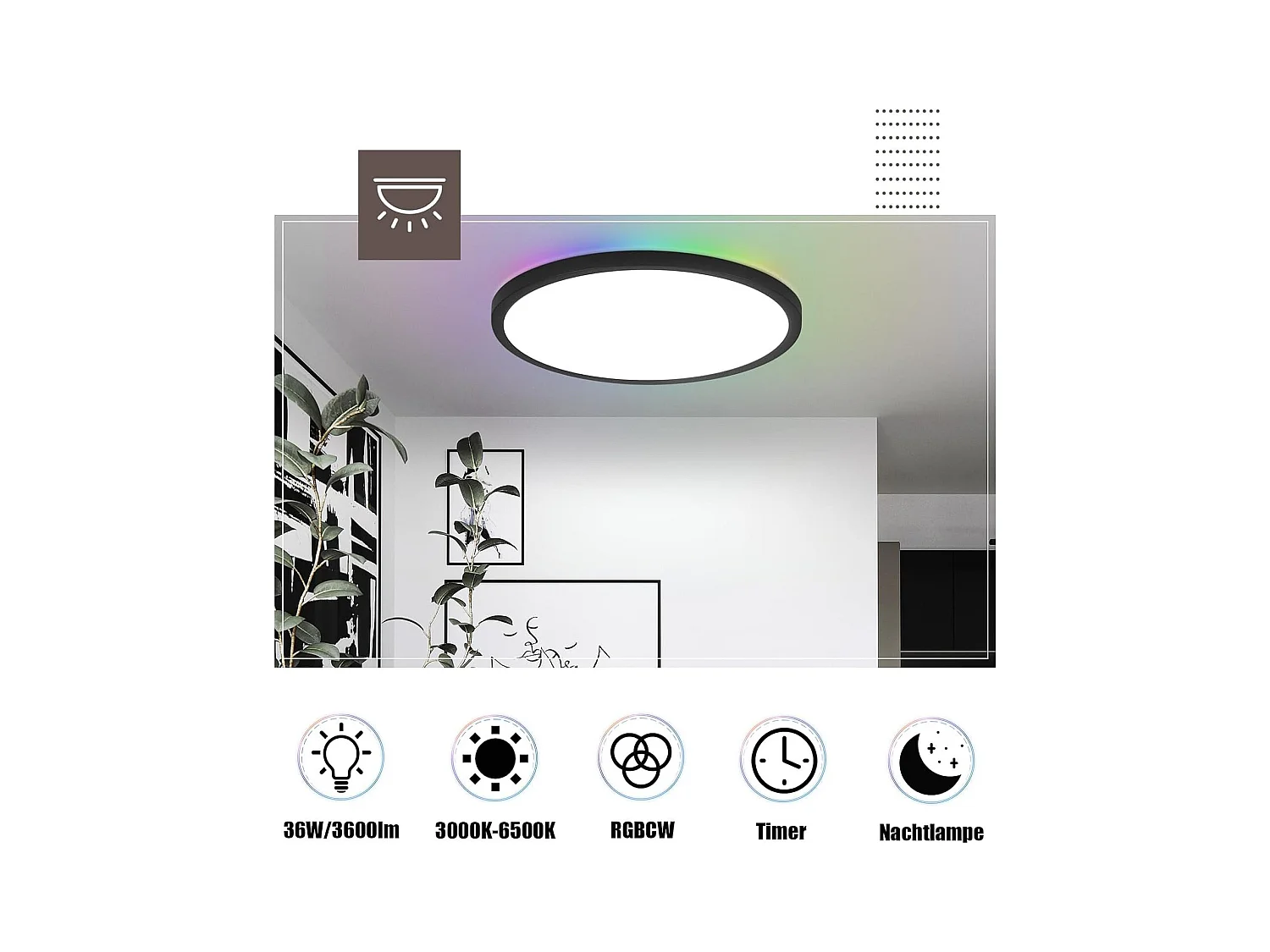 NETTLIFE 36W RGB LED plafondlamp, rond zwart, dimbaar, plat, met afstandsbediening, kleurveranderend, IP44, voor slaapkamer en badkamer