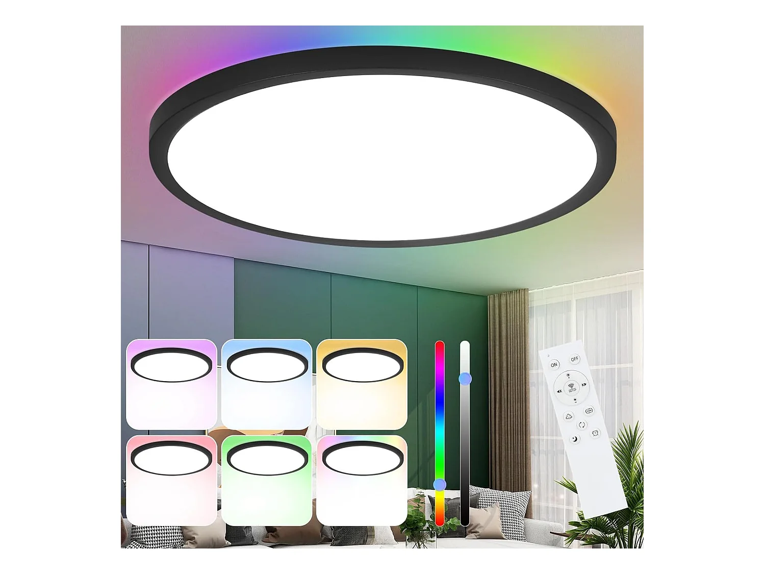 NETTLIFE 36W RGB LED plafondlamp, rond zwart, dimbaar, plat, met afstandsbediening, kleurveranderend, IP44, voor slaapkamer en badkamer