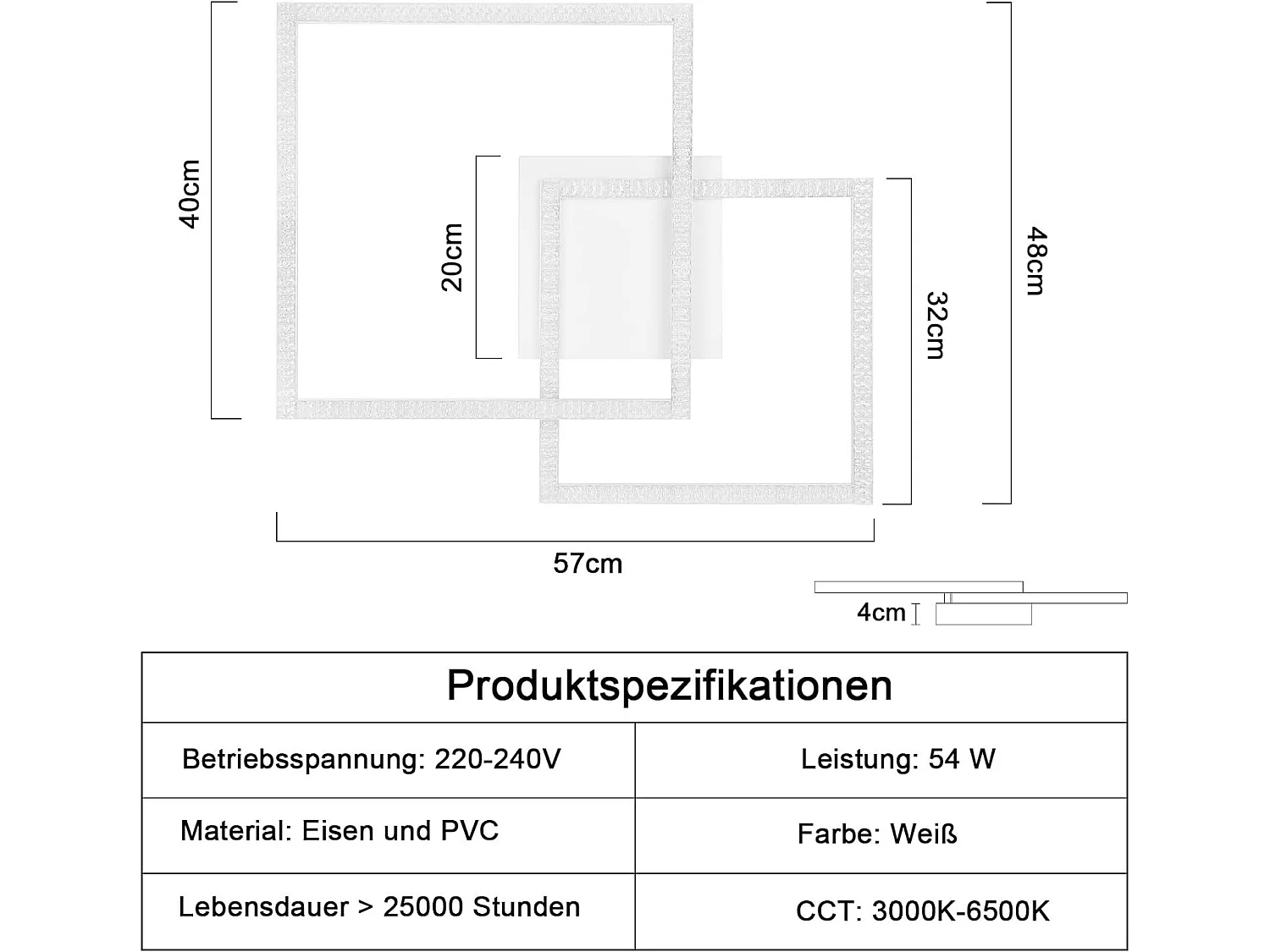 NETTLIFE Plafondlamp LED Wit vierkant 2-lichts 3000–6000 K Dimbaar 54W Moderne Plafondverlichting 57cm Met Afstandsbediening voor Woonkamer Slaapkamer Keuken