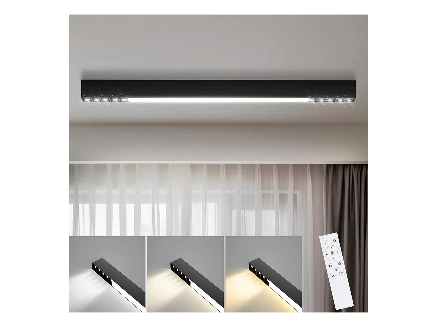NETTLIFE Plafonnier LED Noir 32W Longue Moderne Dimmable avec Télécommande 107CM Lampe de Cuisine pour Salon Chambre Bureau