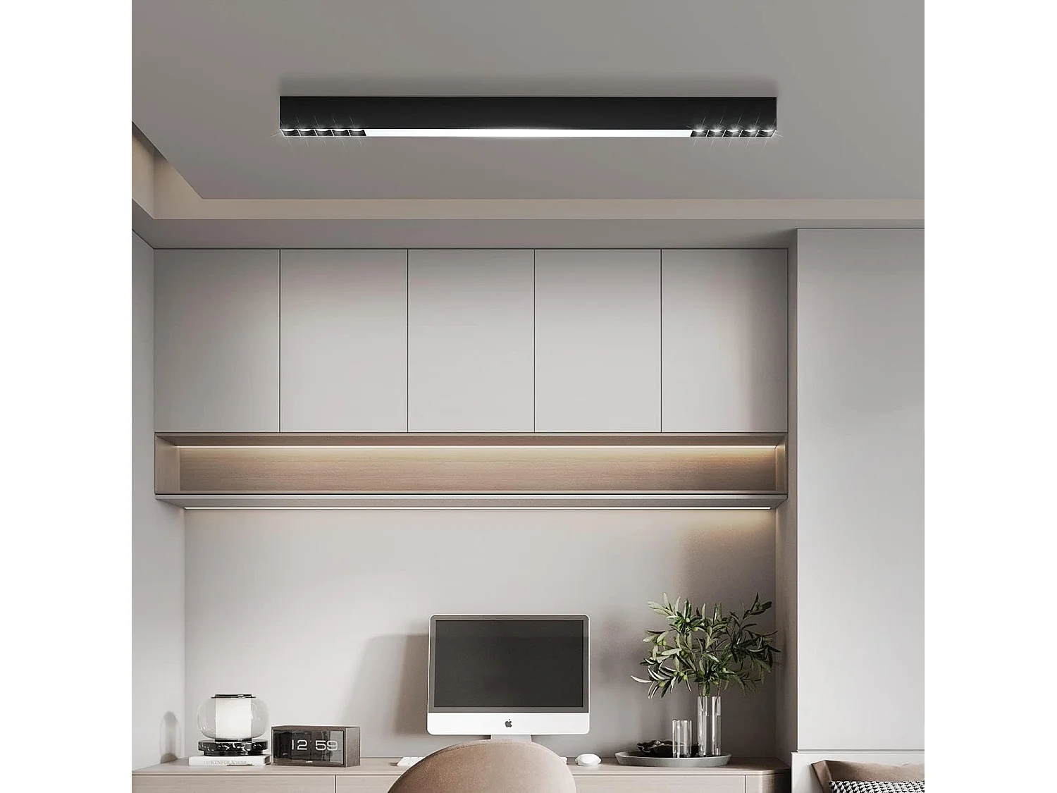 NETTLIFE Plafonnier LED Noir 32W Longue Moderne Dimmable avec Télécommande 107CM Lampe de Cuisine pour Salon Chambre Bureau