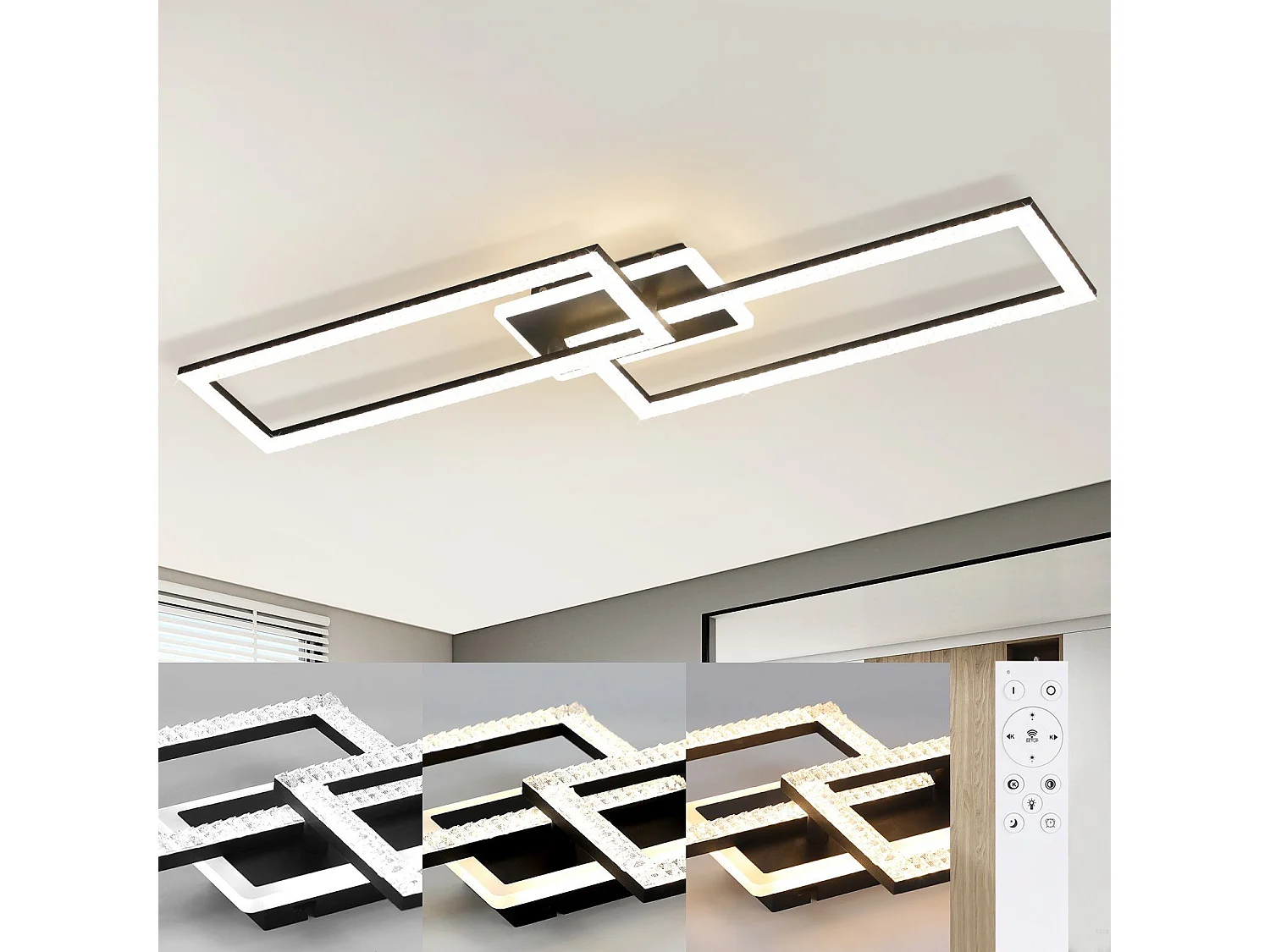 NETTLIFE Plafonnier LED Salon Dimmable 56W Noir Lampe de Salon Design Cristal Moderne Lampe de Chambre avec Télécommande Lampe de Cuisine Chambre