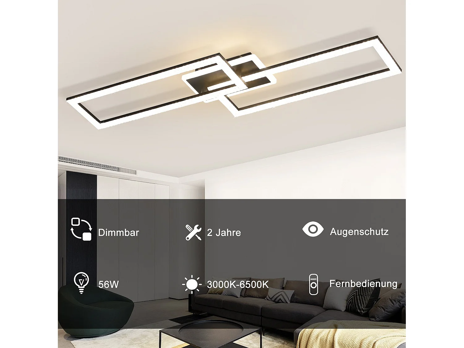 NETTLIFE Plafonnier LED Salon Dimmable 56W Noir Lampe de Salon Design Cristal Moderne Lampe de Chambre avec Télécommande Lampe de Cuisine Chambre