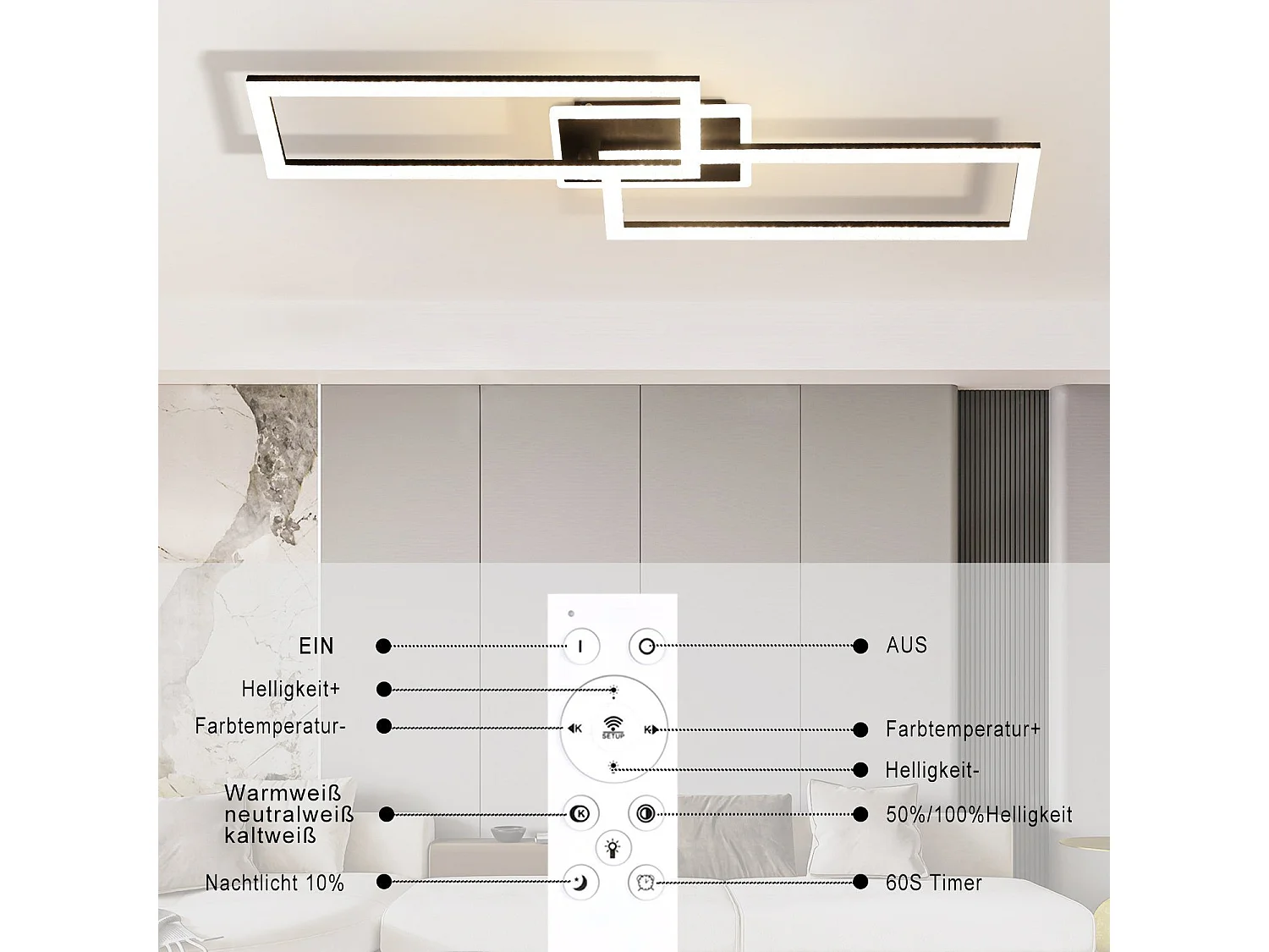 NETTLIFE Plafonnier LED Salon Dimmable 56W Noir Lampe de Salon Design Cristal Moderne Lampe de Chambre avec Télécommande Lampe de Cuisine Chambre