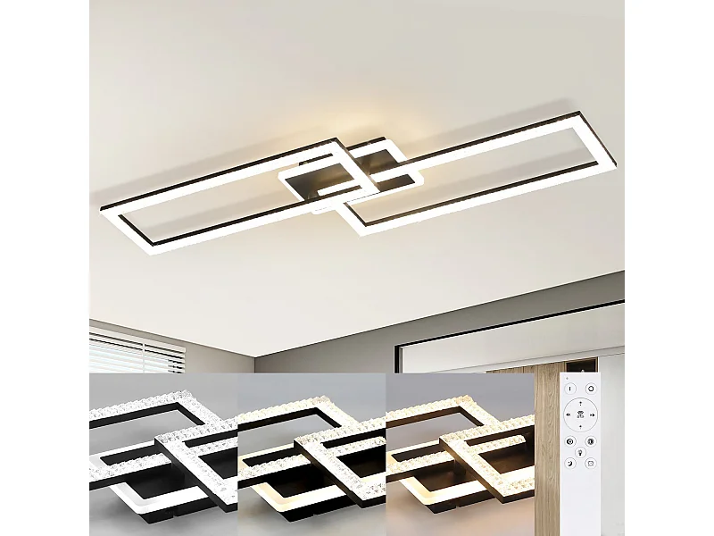 NETTLIFE Plafonnier LED Salon Dimmable 56W Noir Lampe de Salon Design Cristal Moderne Lampe de Chambre avec Télécommande Lampe de Cuisine Chambre