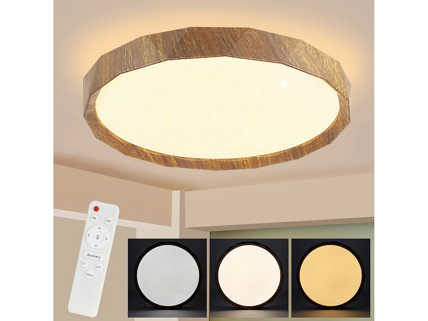 NETTLIFE Plafonnier LED 40cm, 43 W Rond Ciel Étoilé Intensité Variable avec Télécommande Aspect Bois Moderne pour Cuisine Couloir Salle à Manger