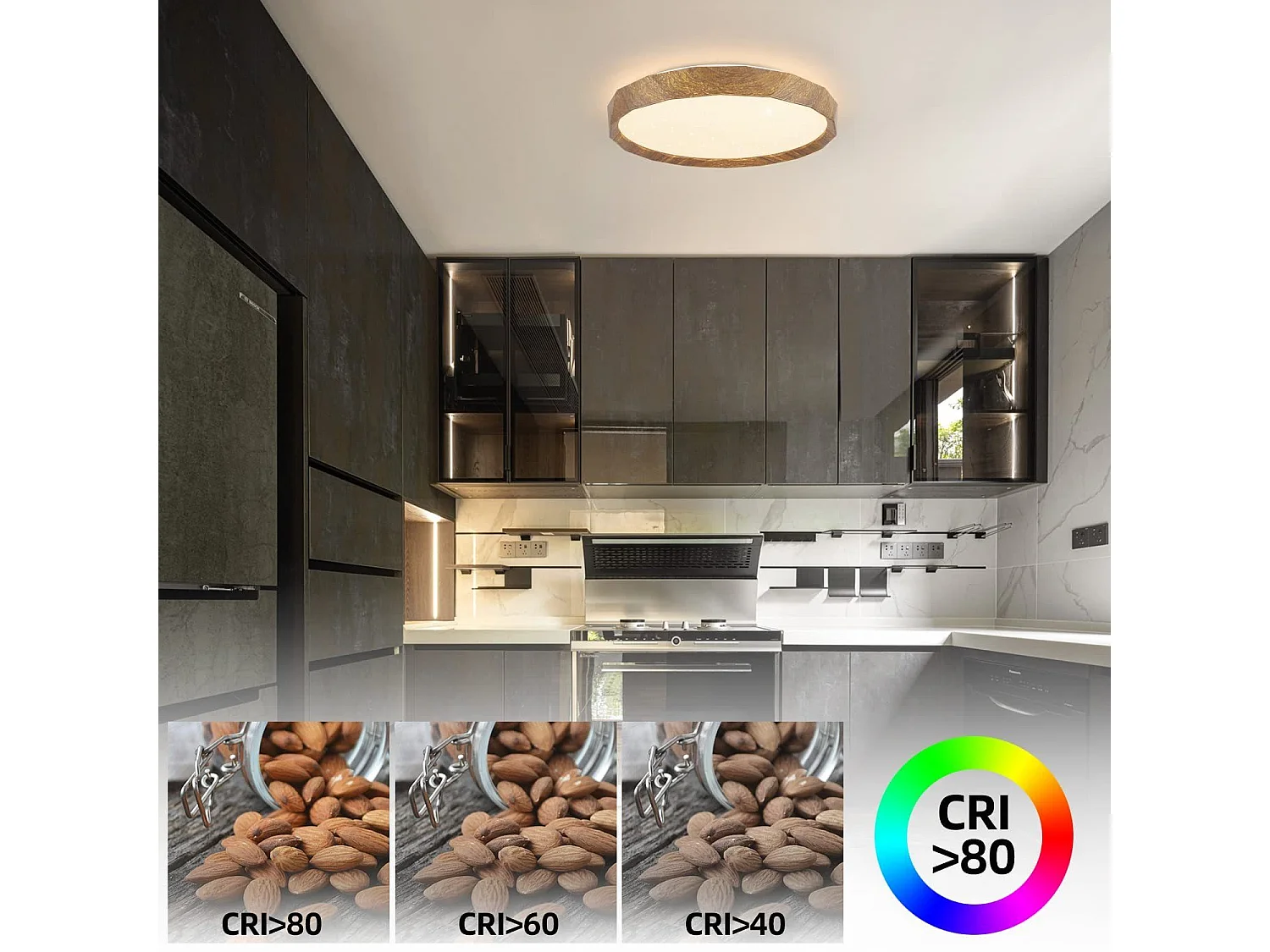 NETTLIFE Plafonnier LED 40cm, 43 W Rond Ciel Étoilé Intensité Variable avec Télécommande Aspect Bois Moderne pour Cuisine Couloir Salle à Manger