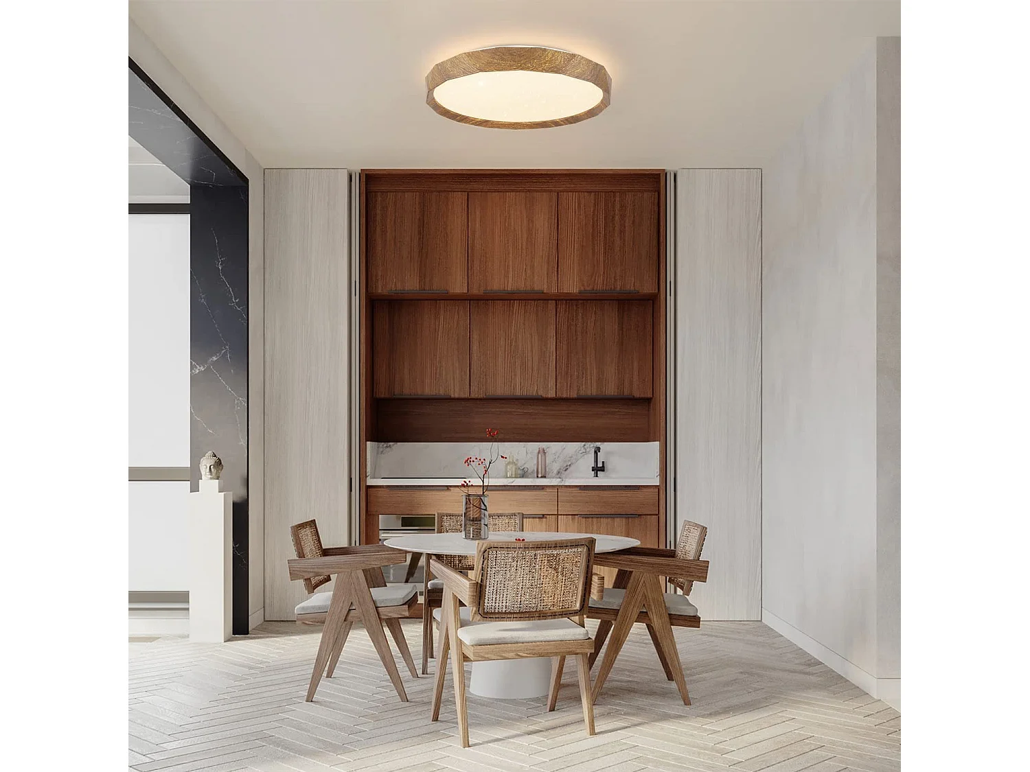 NETTLIFE Plafonnier LED 40cm, 43 W Rond Ciel Étoilé Intensité Variable avec Télécommande Aspect Bois Moderne pour Cuisine Couloir Salle à Manger