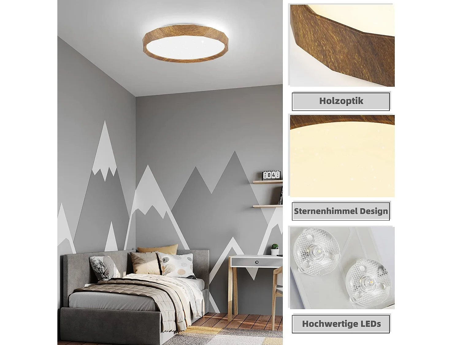 NETTLIFE Plafonnier LED 40cm, 43 W Rond Ciel Étoilé Intensité Variable avec Télécommande Aspect Bois Moderne pour Cuisine Couloir Salle à Manger