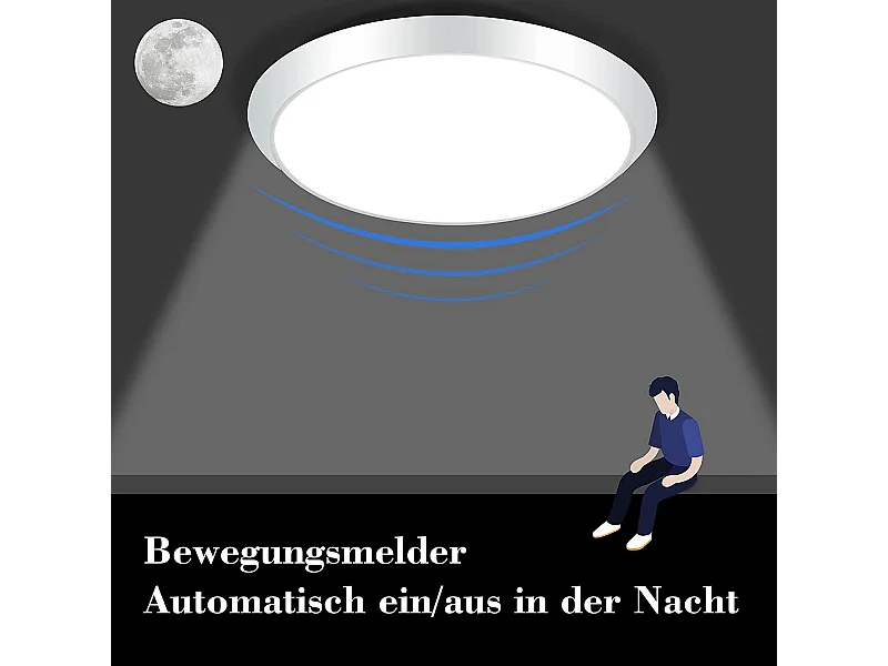 NETTLIFE Plafonnier LED Ronde Blanc avec détecteur de mouvement 15 W Intérieur 4000 K Blanc neutre IP44 Lampe d'escalier 30 cm pour couloir Salon