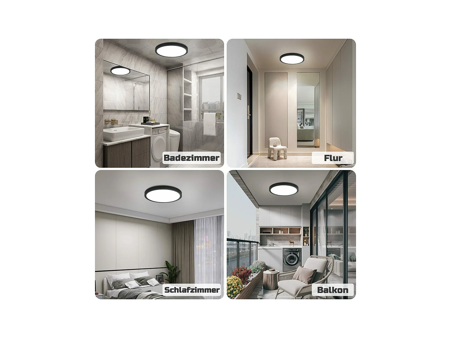 NETTLIFE Plafonnier LED Blanc Froid - 18 W Noir Diamètre 23 cm Rond Plat IP44 Lampe de Couloir Etanche pour Salle de Bain Cuisine Couloir
