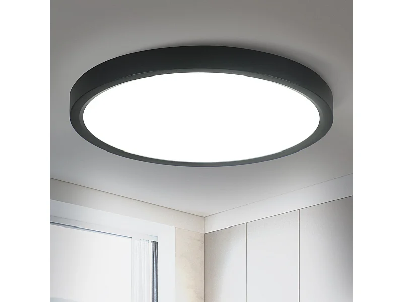 NETTLIFE Plafonnier LED Blanc Froid - 18 W Noir Diamètre 23 cm Rond Plat IP44 Lampe de Couloir Etanche pour Salle de Bain Cuisine Couloir