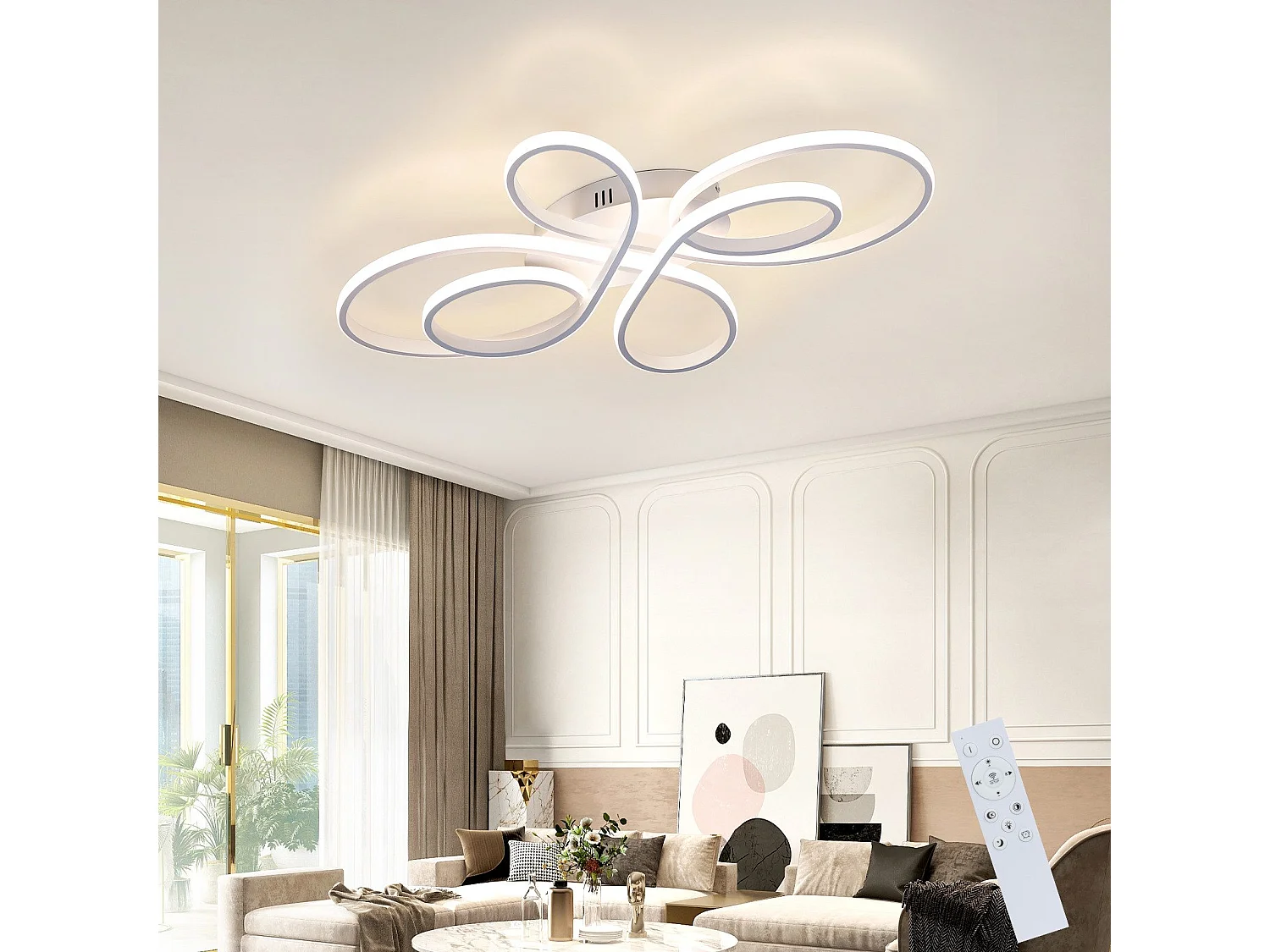 NETTLIFE Plafonnier LED Dimmable 66cm Moderne Blanc 65W Lampe de Chambre avec Télécommande Grand pour Salon Salle à Manger Bureau Étude
