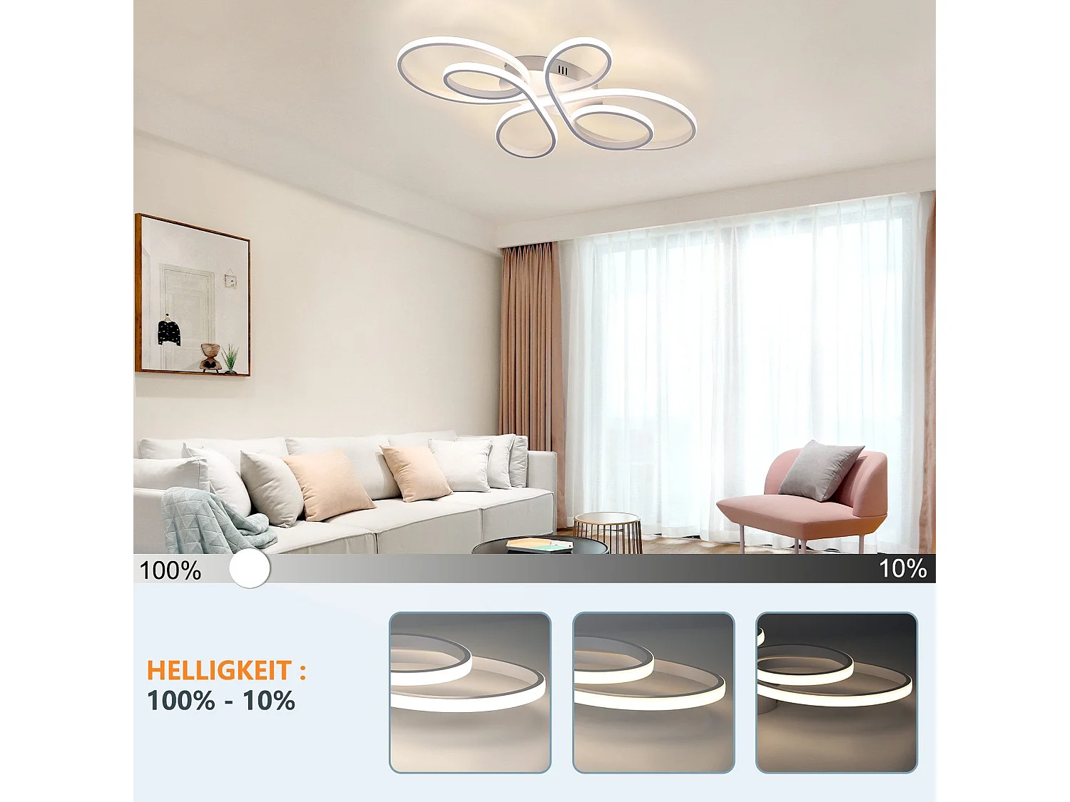 NETTLIFE ściemnialna lampa sufitowa LED 66cm nowoczesna biała 65W lampa do sypialni z pilotem duża do salonu jadalnia biuro gabinet