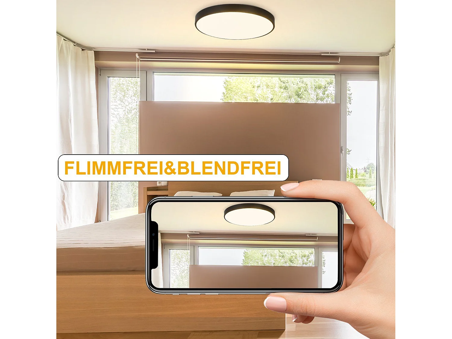 NETTLIFE LED plafondlamp, platte slaapkamerlamp, 17W, zwarte lamp, warm witte lamp, IP44 ronde lamp voor badkamer en woonkamer