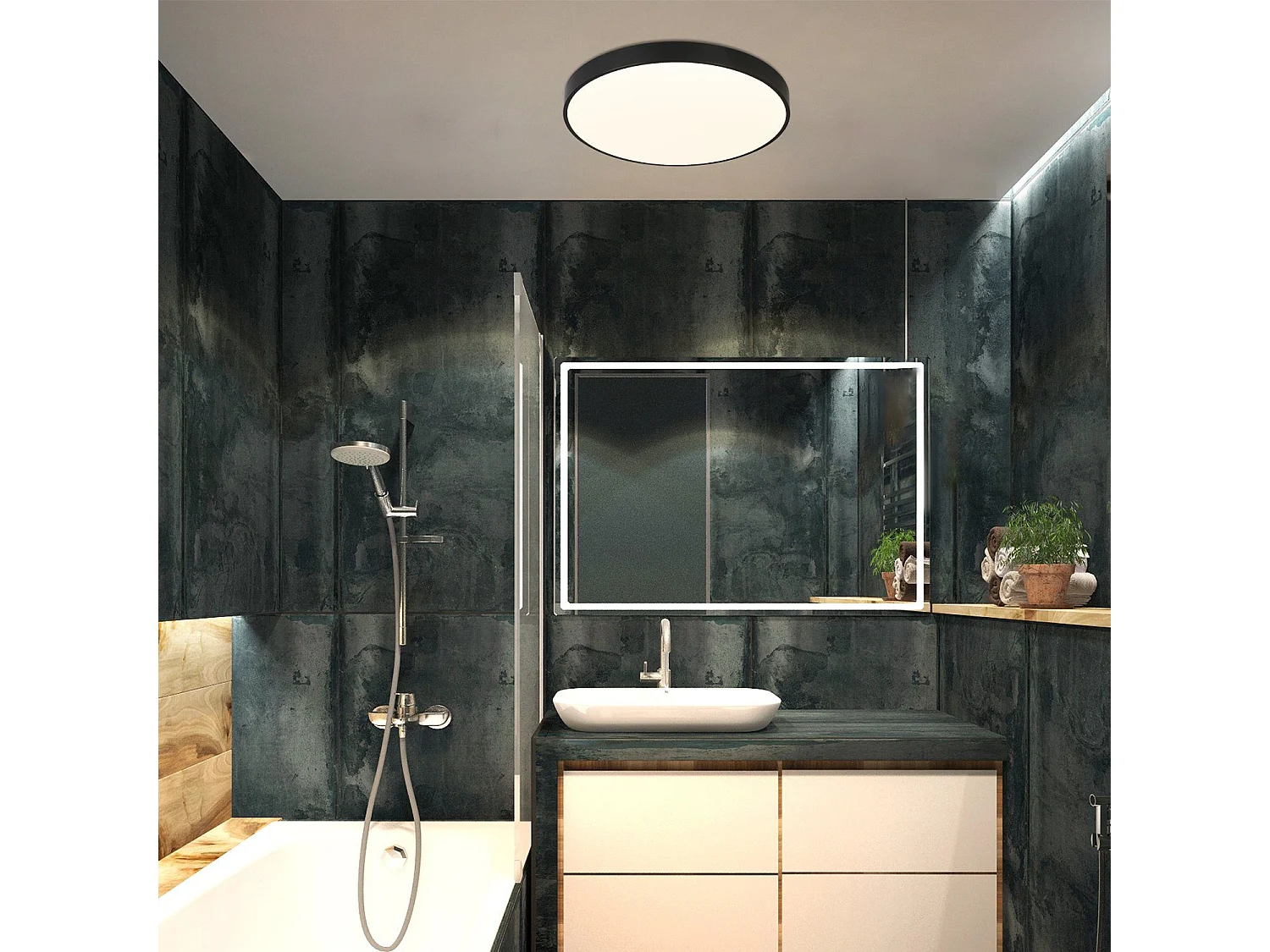 NETTLIFE LED plafondlamp, platte slaapkamerlamp, 17W, zwarte lamp, warm witte lamp, IP44 ronde lamp voor badkamer en woonkamer