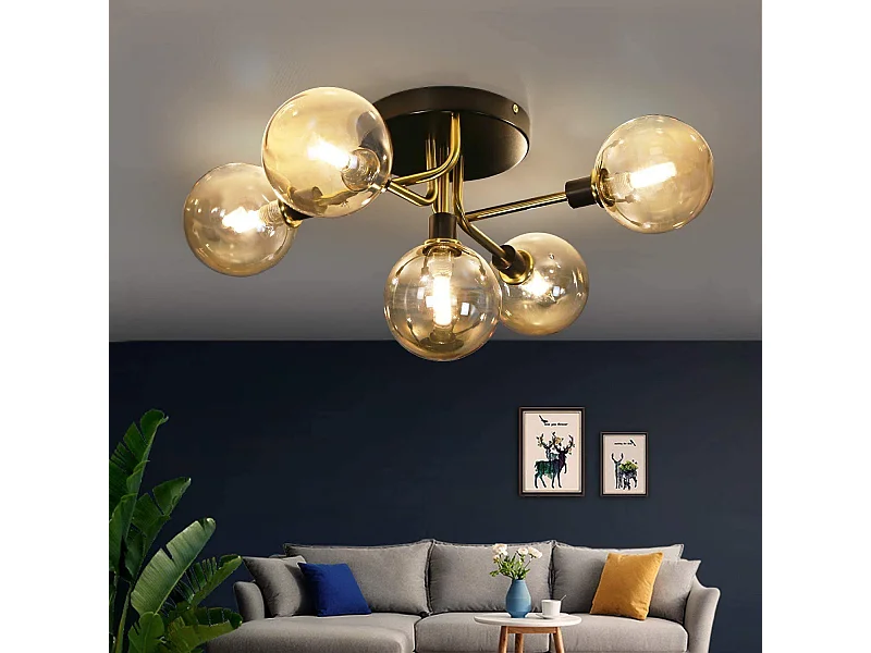 NETTLIFE Plafondlamp - 5 vlammen - G9 Fitting - moderne - metaal - met glazen bol amber - binnenverlichting kroonluchter - voor slaapkamer woonkamer