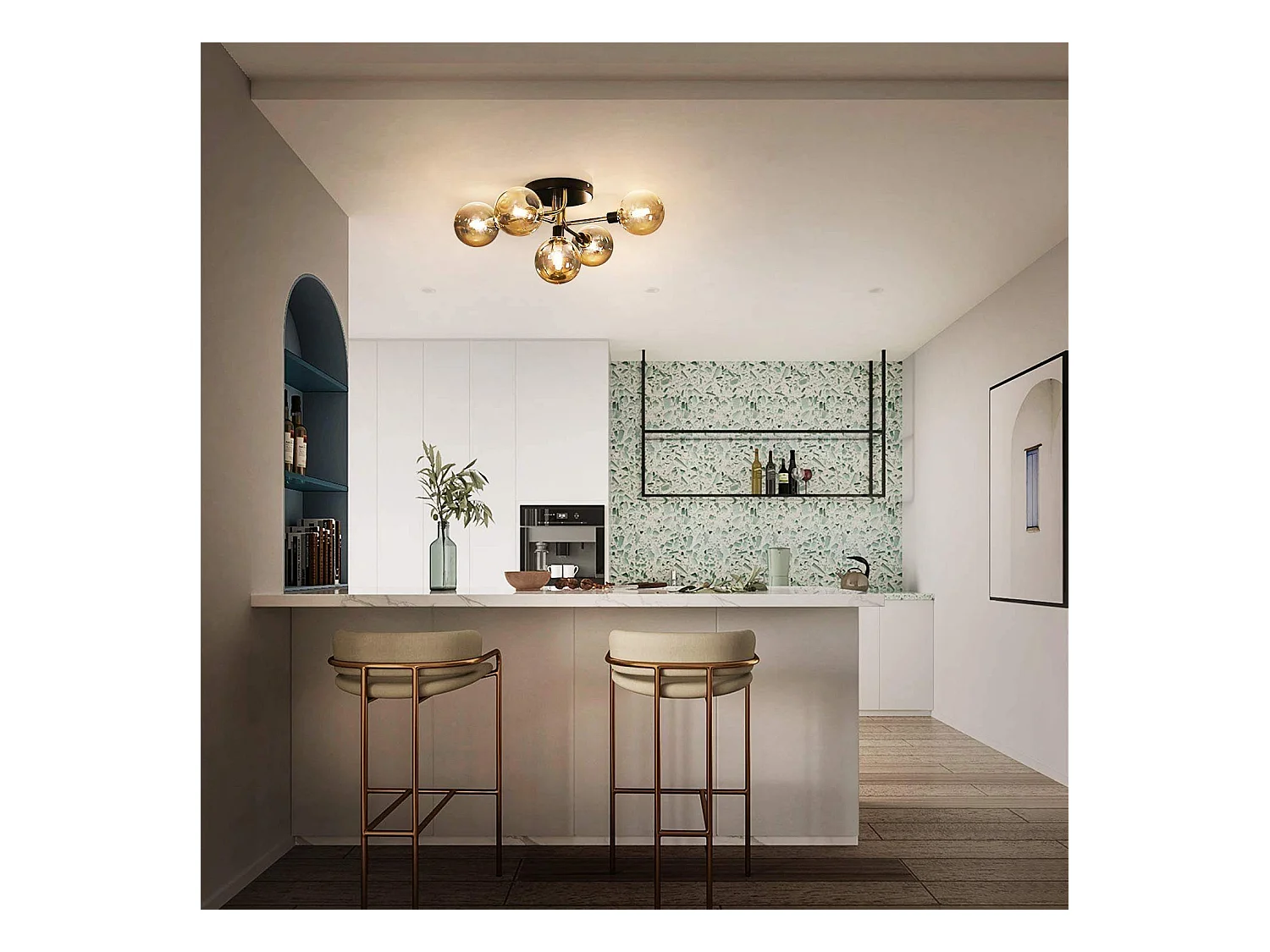 NETTLIFE Plafondlamp - 5 vlammen - G9 Fitting - moderne - metaal - met glazen bol amber - binnenverlichting kroonluchter - voor slaapkamer woonkamer