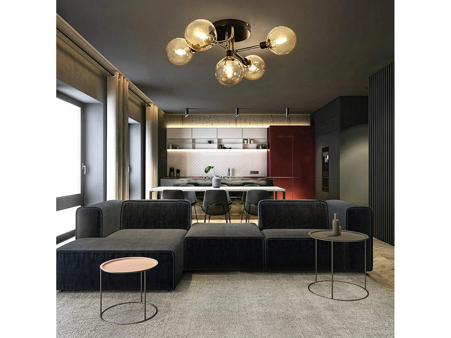 NETTLIFE Plafondlamp - 5 vlammen - G9 Fitting - moderne - metaal - met glazen bol amber - binnenverlichting kroonluchter - voor slaapkamer woonkamer