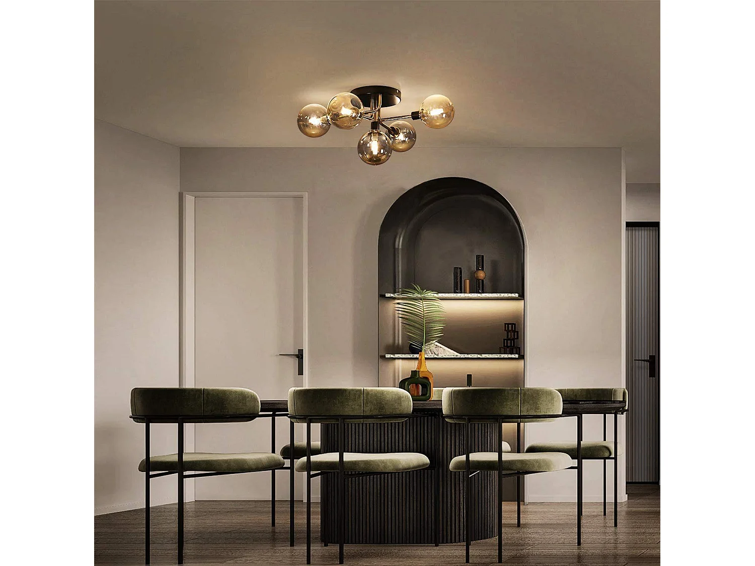 NETTLIFE Plafondlamp - 5 vlammen - G9 Fitting - moderne - metaal - met glazen bol amber - binnenverlichting kroonluchter - voor slaapkamer woonkamer