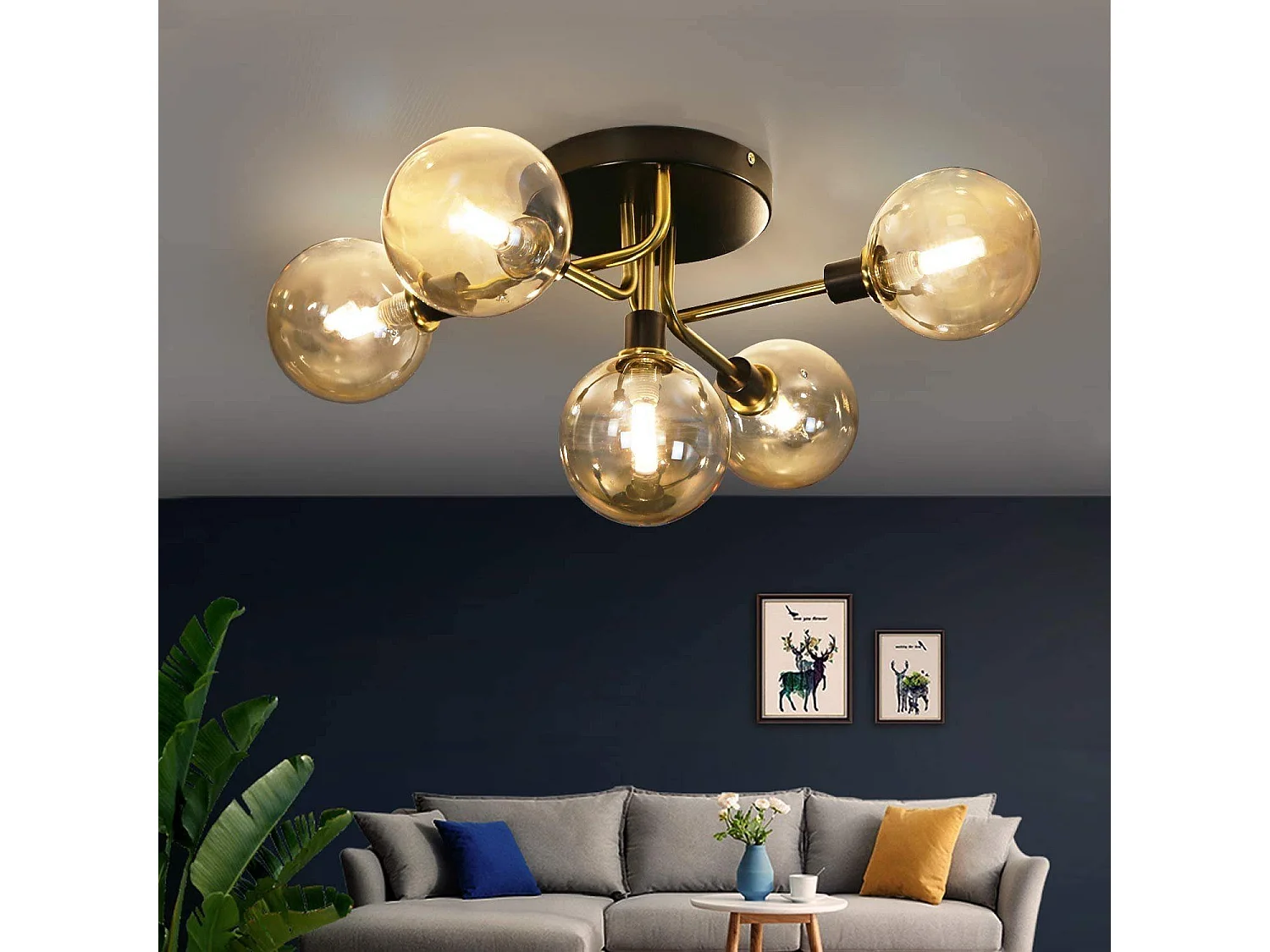 NETTLIFE Plafonnier LED Salon Chambre avec 5 Ampoules Boules de Verre G9 Salon Chambre Lumière Intérieur Lustre Lampe Salle à Manger