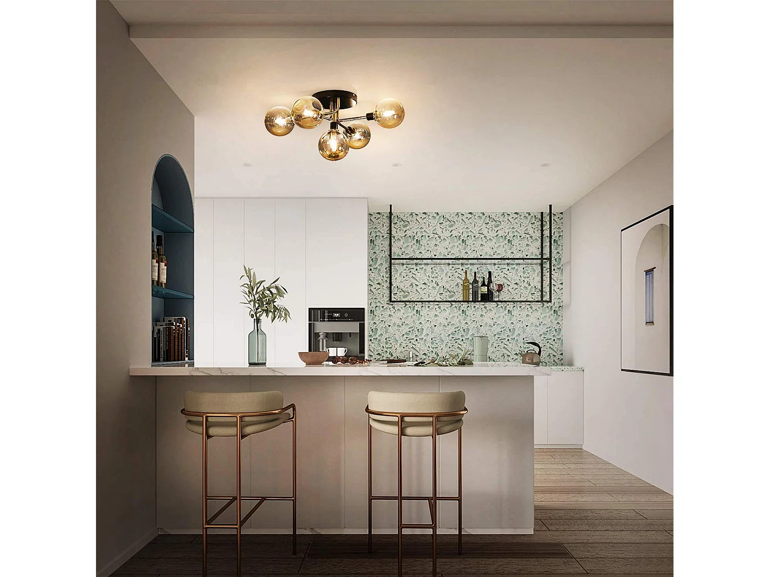 NETTLIFE Plafonnier LED Salon Chambre avec 5 Ampoules Boules de Verre G9 Salon Chambre Lumière Intérieur Lustre Lampe Salle à Manger