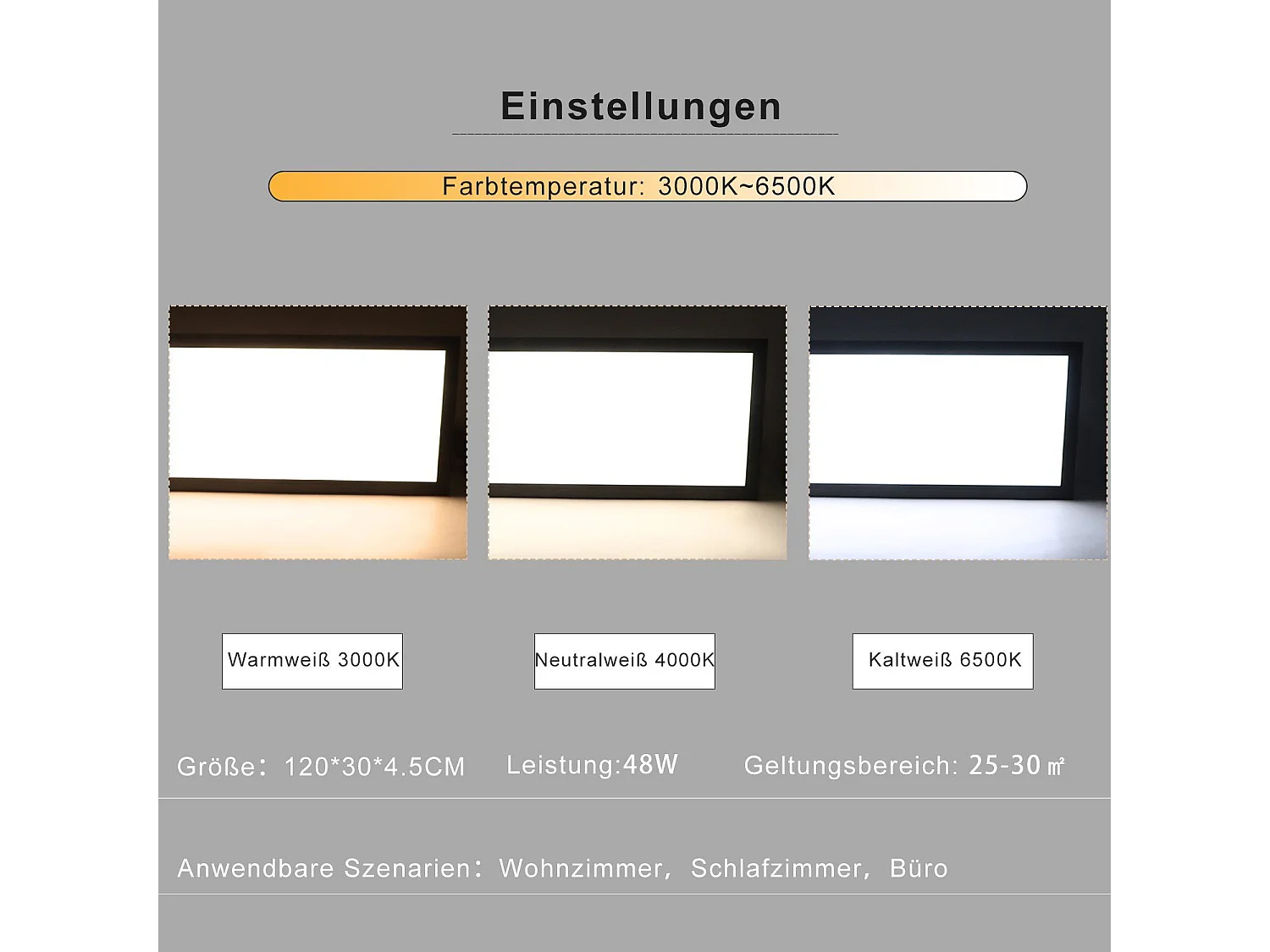 NETTLIFE Plafondlamp LED, LED paneel ultraplat,48W, Dimbaar met Afstandsbediening - 3000K-6500K Instelbare Kleurtemperatuur , Zwart , 120x30x4.5 cm (LxBxH)