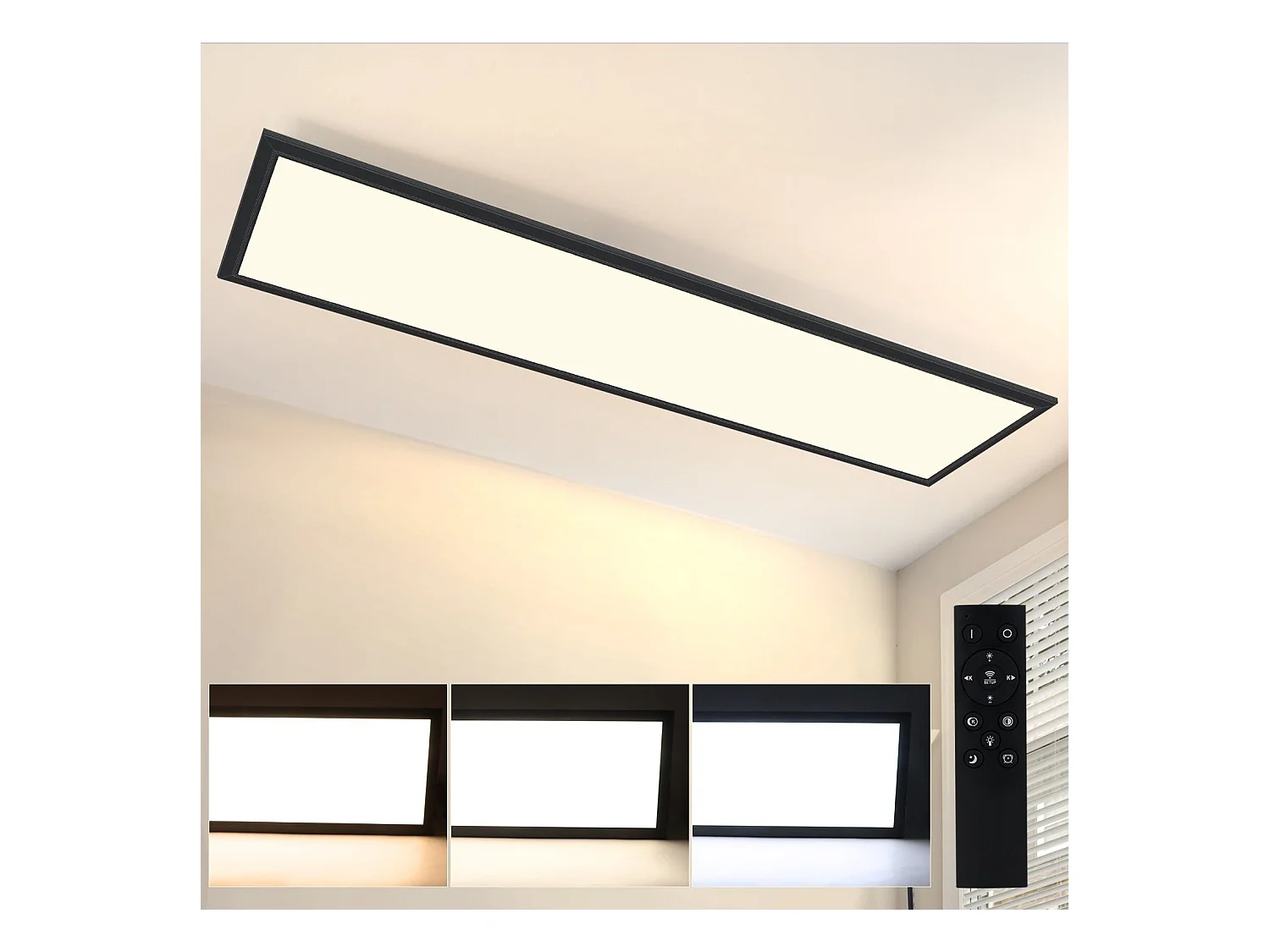 NETTLIFE Plafonnier LED 120x30CM 48W Panneau Noir Dimmable avec Télécommande pour Salon Moderne Bureau Cuisine Couloir
