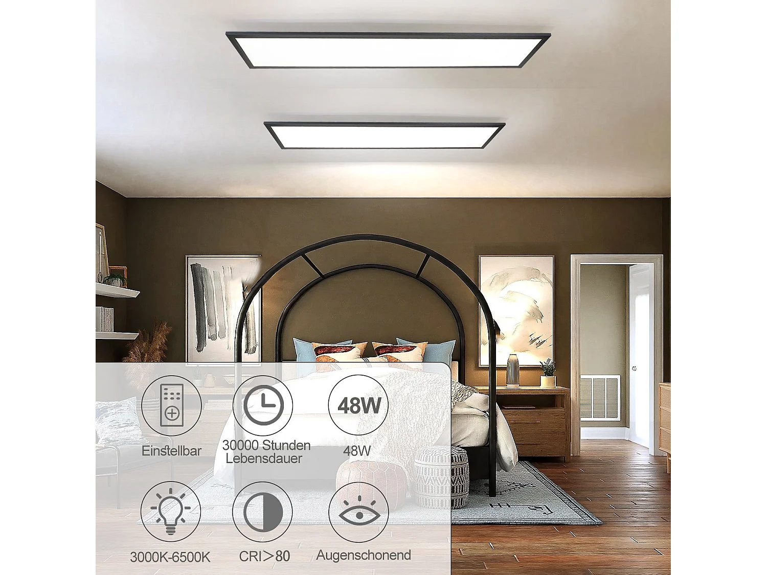 NETTLIFE Plafondlamp LED, LED paneel ultraplat,48W, Dimbaar met Afstandsbediening - 3000K-6500K Instelbare Kleurtemperatuur , Zwart , 120x30x4.5 cm (LxBxH)