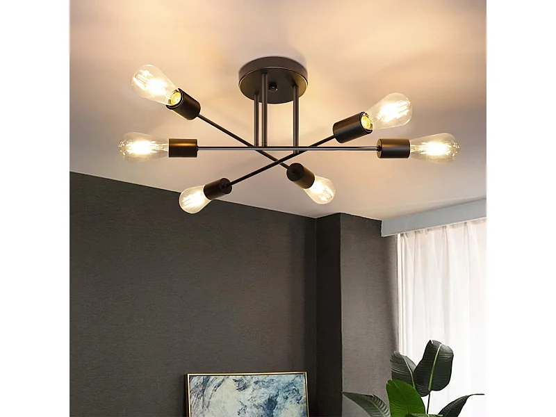 NETTLIFE Plafondlamp E27 - 6 Vlam - Zwart - Vintage Woonkamerlamp - Kroonluchter Slaapkamerlamp (zonder gloeilamp)