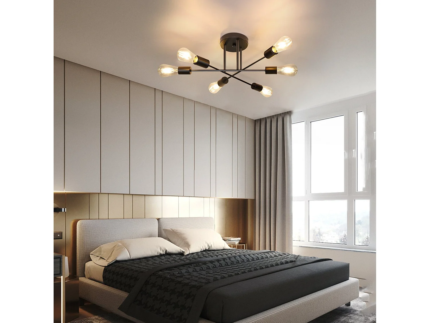 NETTLIFE Plafonnier Vintage 6 Ampoules Salon Industriel E27 Lustre Noir Rétro Lampe de Chambre à Coucher Style Rustique Lampe de Table à Manger