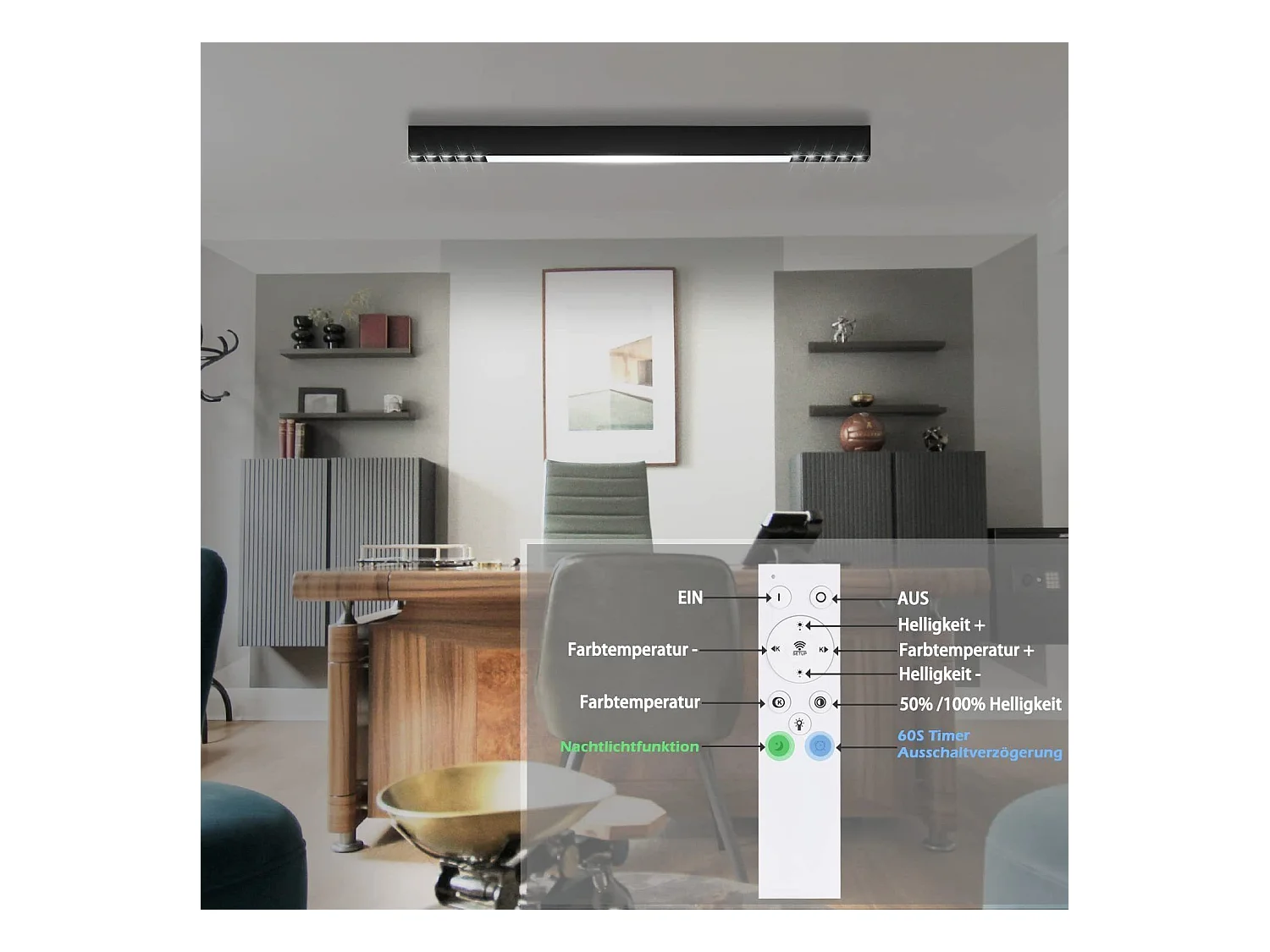 NETTLIFE Plafondlamp 80CM LED Plafondverlichting Dimbaar Zwart Lange Bureaulamp 25W moderne Lamp met Afstandsbediening voor Slaapkamer | Keuken | Woonkamer
