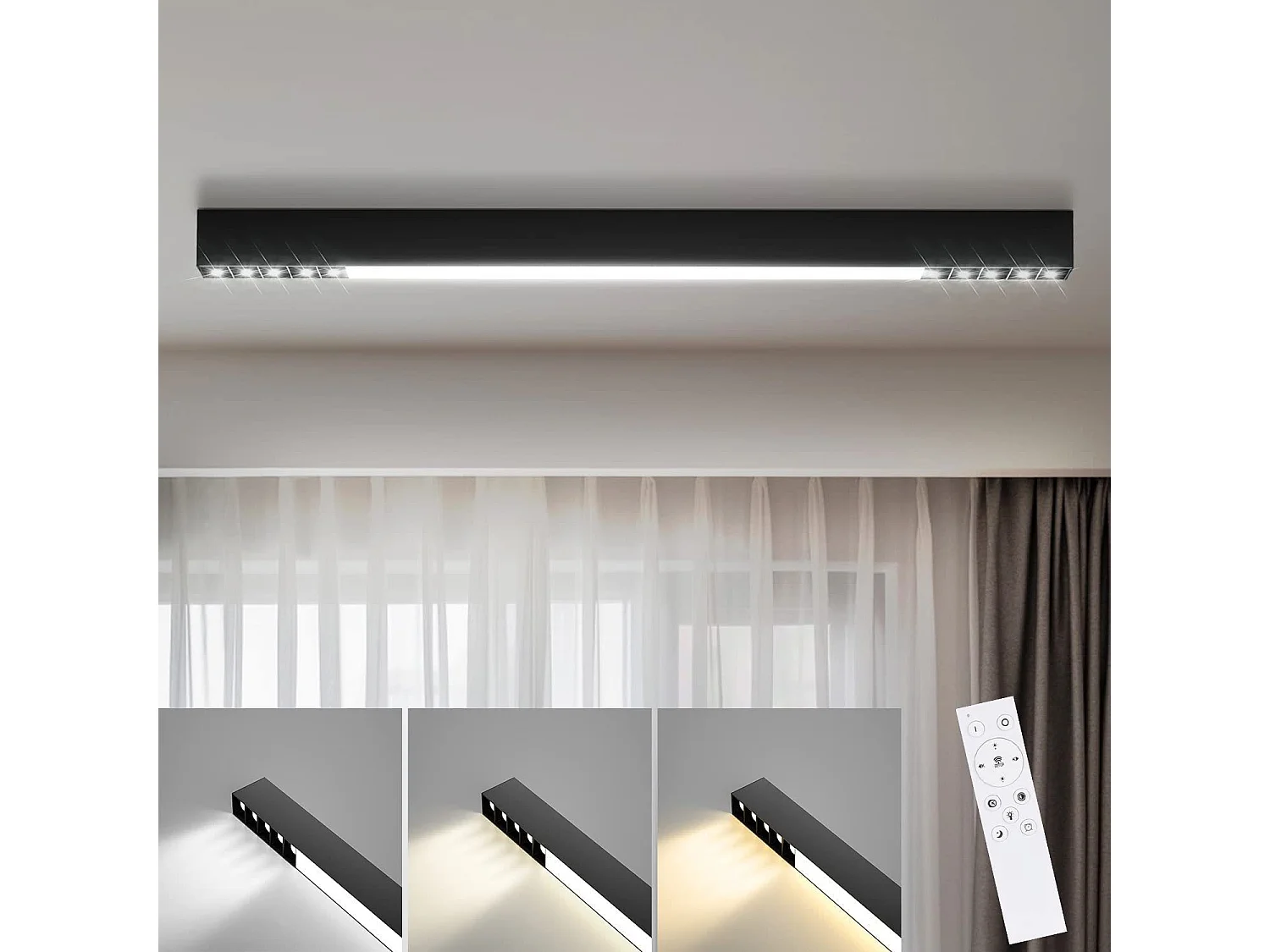 NETTLIFE Lámpara de Techo LED Negra Lámpara de Sala de Estar Regulable Moderna de 25 W de Largo con Control Remoto de 80 CM para Dormitorio de Oficina