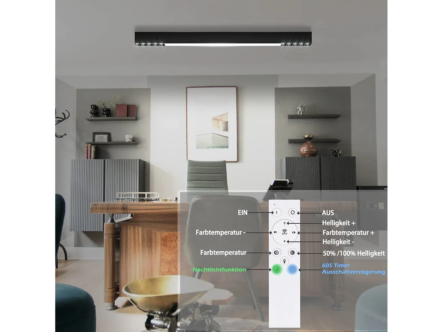 NETTLIFE Lámpara de Techo LED Negra Lámpara de Sala de Estar Regulable Moderna de 25 W de Largo con Control Remoto de 80 CM para Dormitorio de Oficina