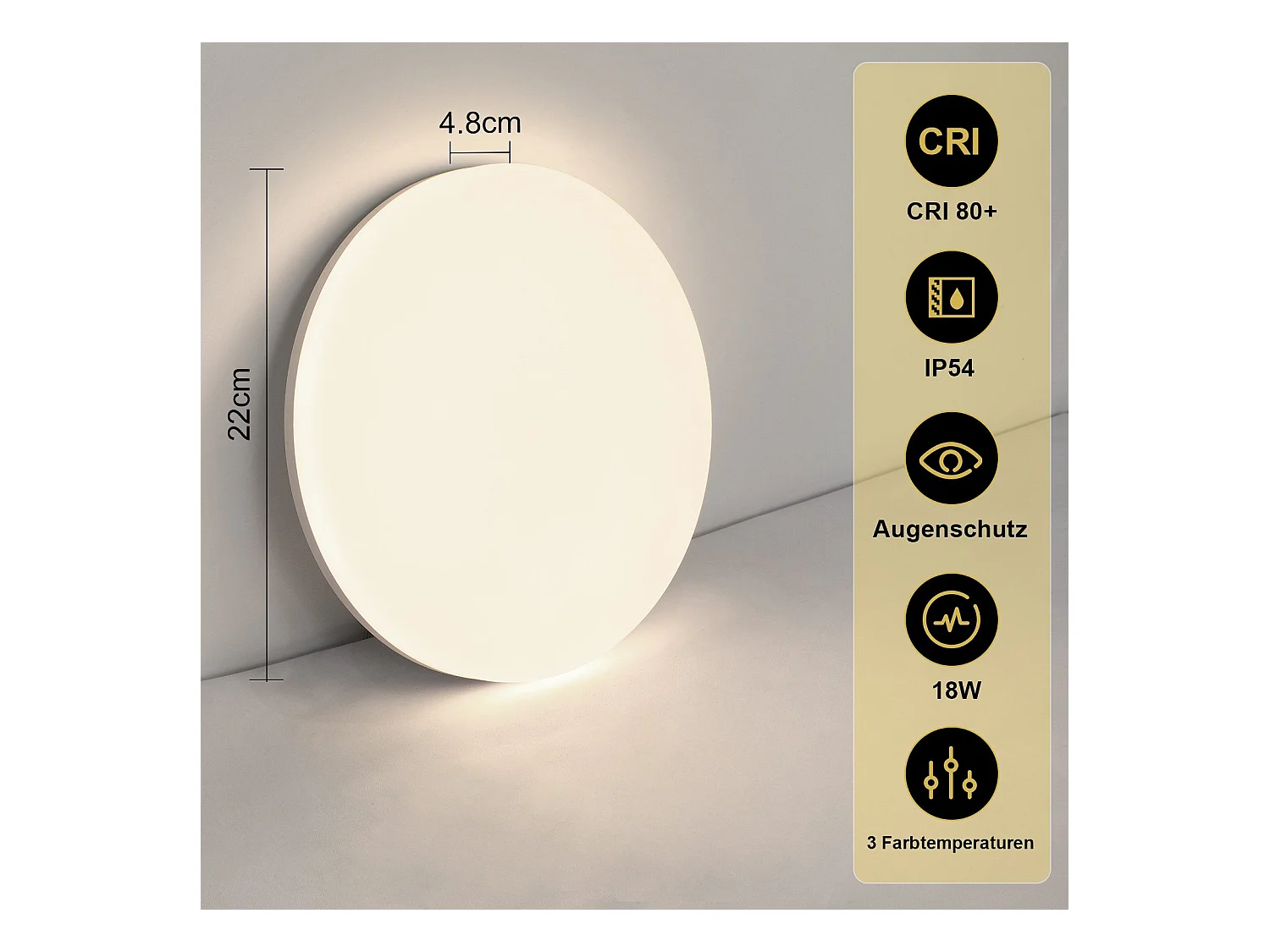 NETTLIFE Plafonnier LED 18W 22CM Rond IP54 Plat Dimmable Chambre Salle de Bain Lampe avec Télécommande pour Couloir de Cuisine