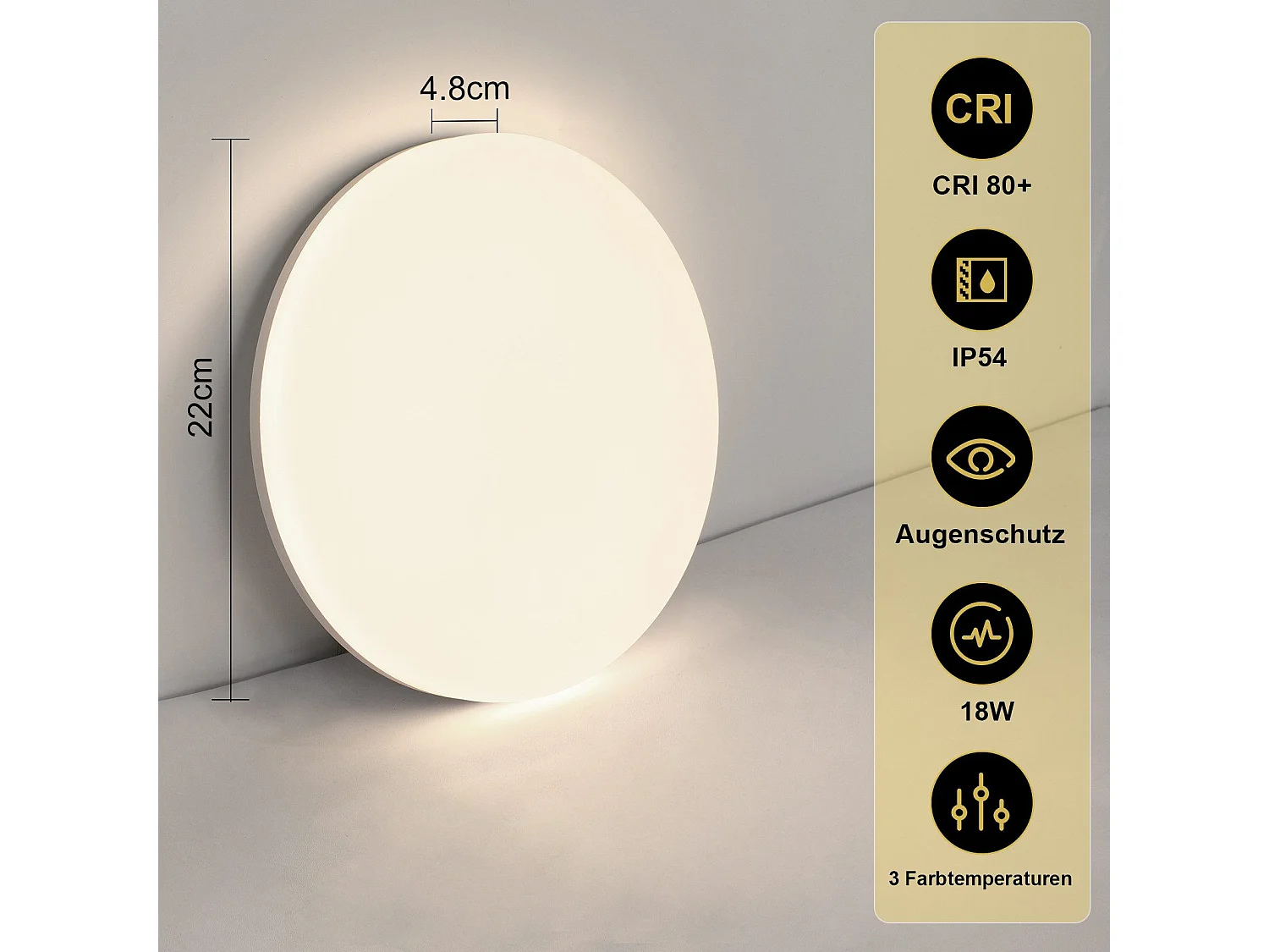 NETTLIFE Plafonnier LED 18W 22CM Rond IP54 Plat Dimmable Chambre Salle de Bain Lampe avec Télécommande pour Couloir de Cuisine