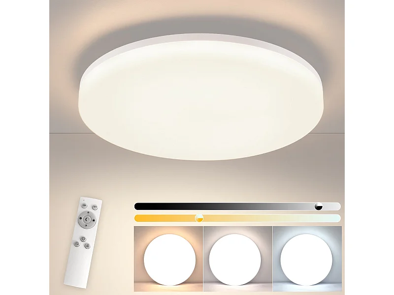 NETTLIFE Plafonnier LED 18W 22CM Rond IP54 Plat Dimmable Chambre Salle de Bain Lampe avec Télécommande pour Couloir de Cuisine